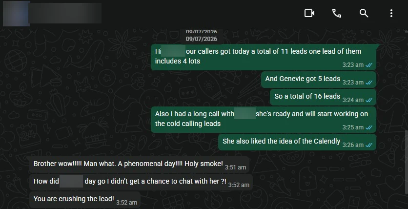 Client reply after Elite Reach Solutions reported 16 leads in one day, one with 4 lots: Brother wow, a phenomenal day, holy smoke! You are crushing the lead!